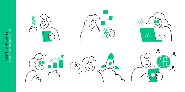 Startup business journey concepts. Doodle line characters generating idea, coding on laptop, analyzing growth chart, launching rocket, and expanding global connection.
