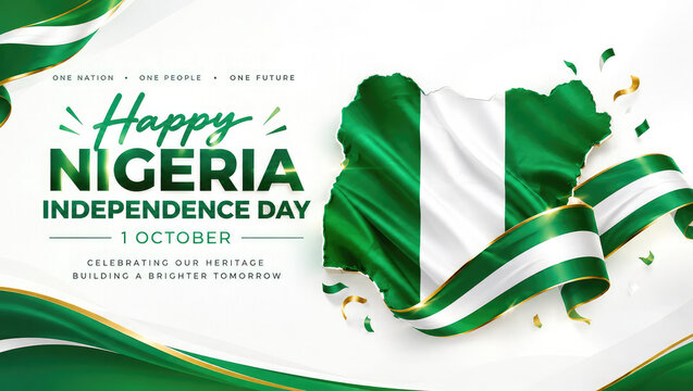 Nigeria Independence Day Celebration Banner with Green and White Flag Ribbons, 1 October National Holiday Design