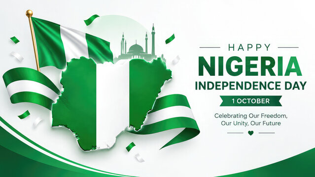 Nigeria Independence Day Celebration Banner with Green and White Flag Ribbons, 1 October National Holiday Design
