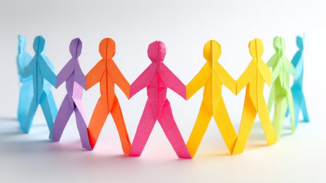 Group of diverse people holding hands, colorful paper origami figures representing unity, inclusion, equality, community, connection, cooperation, acceptance, and social diversity isolated on white ba