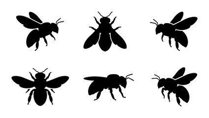 Fototapeta premium Six Black Bee Silhouettes, Vector Insect Icons, Flying and Crawling Poses, Minimalist Nature Graphics