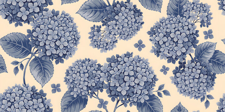 Seamless pattern of detailed blue hydrangea flower clusters and leaves on a soft cream background, for textile and wallpaper