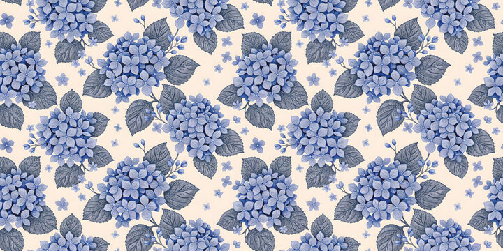 Seamless pattern of detailed blue hydrangea flower clusters and leaves on a soft cream background, for textile and wallpaper