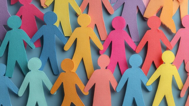 Colorful cutout paper people on solid background representing diversity, inclusion, acceptance, equality, tolerance, multicultural community, social unity, international day for tolerance, and human c