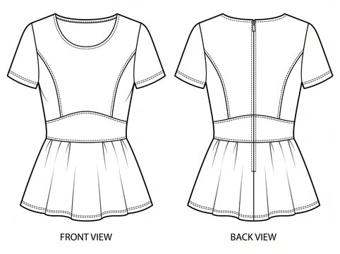 Technical flat sketch of a peplum blouse with front and back views