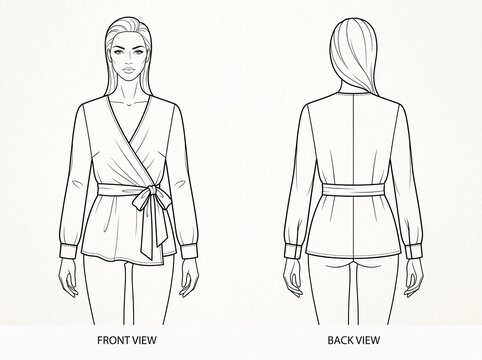 Womens wrap blouse fashion sketch showing front and back view