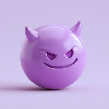 A purple 3D sphere character with small horns and a mischievous facial expression floating against a light purple background