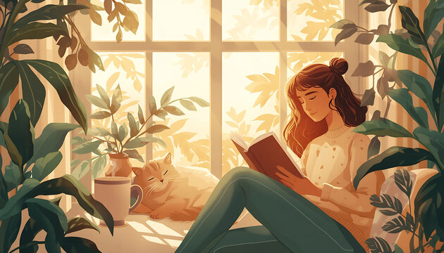 An illustration of a woman enjoying reading a book at home.