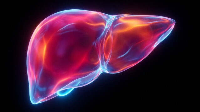結晶化された肝臓の実質を代謝発光が包み込む医療科学のCG背景