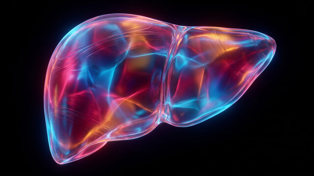 結晶化された肝臓の実質を代謝発光が包み込む医療科学のCG背景
