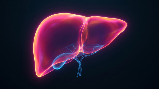 結晶化された肝臓の実質を代謝発光が包み込む医療科学のCG背景