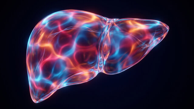 結晶化された肝臓の実質を代謝発光が包み込む医療科学のCG背景