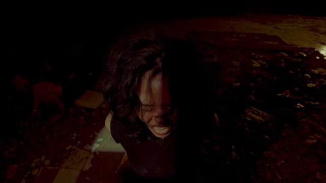 A harrowing scene of a kidnapped woman screaming desperately into the darkness. Her expression conveys deep psychological trauma and excruciating mental anguish.
