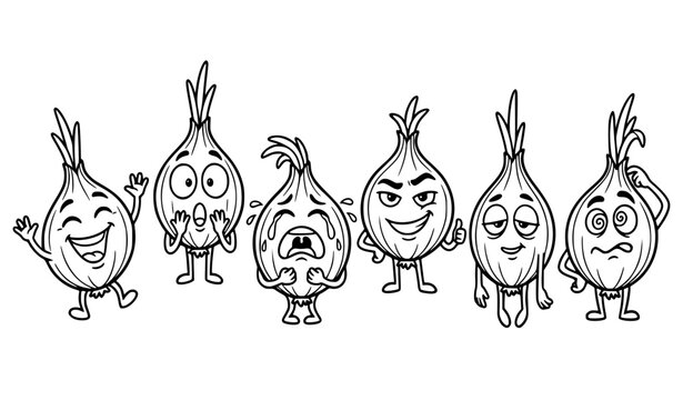 Funny cartoon onions with different emotions coloring page vector character set