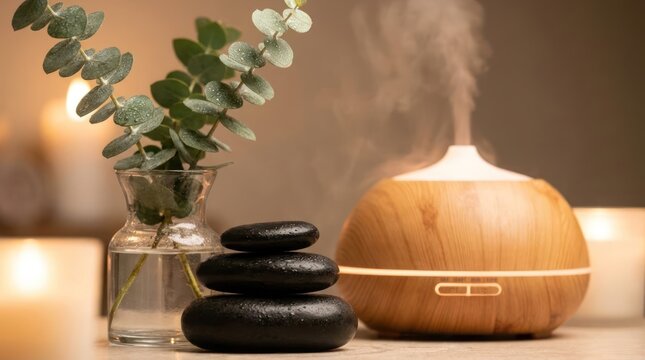 Aromatherapy diffuser with stacked stones and eucalyptus in a spa setting