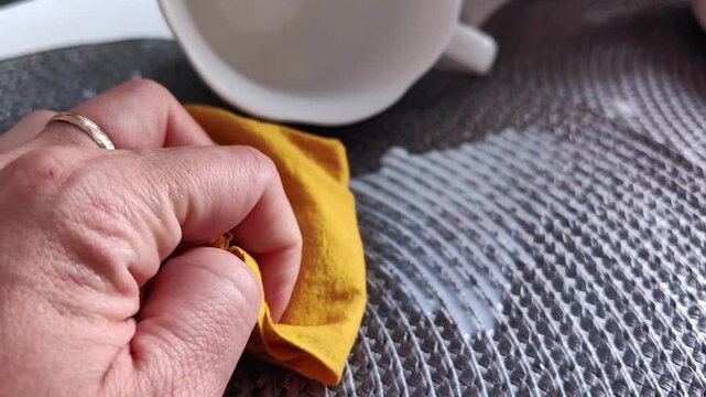 A hand wipes spilled milk from a gray woven placemat with a yellow cloth, household cleanup, kitchen care, liquid spill, everyday routine.
