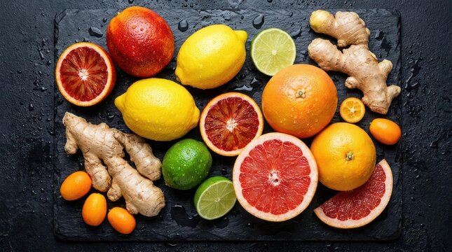 Assortment of fresh citrus fruits and ginger arranged on a dark slate surface