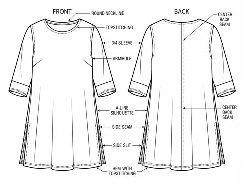 Technical fashion flat sketch of a women tunic with three quarter sleeves