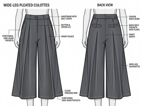 Technical fashion illustration of wide leg pleated culottes with labels