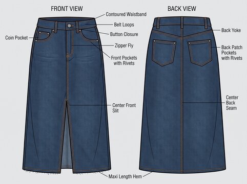Denim maxi skirt fashion technical flat sketch with front and back views