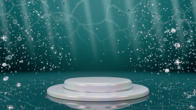 Product podium white teal water bubbles display loop aquatic futuristic Pearlescent stage rests among rising bubbles for luxury product launches cosmetic promotion website banners and retail marketing