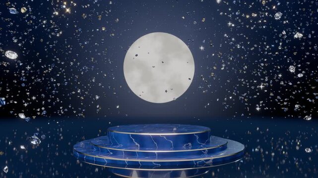 Product podium blue marble moon crystals display loop celestial luxury Cobalt stone stage glows beneath a full moon for luxury product launches cosmetic promotion website banners and retail marketing