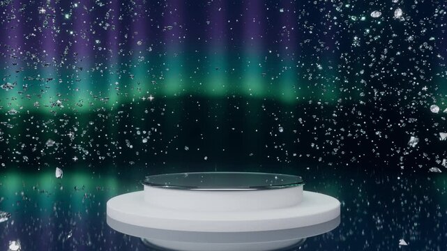 Product podium white black crystals aurora display loop emerald violet Contrasting stages meet flowing aurora light for luxury product launches cosmetic promotion website banners and retail marketing