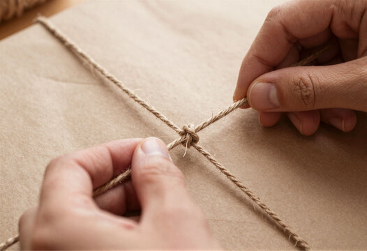 A hand tying a piece of twine around a brown paper package, macro