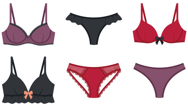 Female lingerie flat design vector icon collection with elegant black lace bras classic briefs and decorative bow underwear