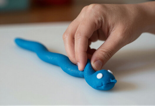 A hand molding a piece of Play-Doh into a snake shape, macro, kids