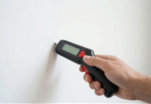 A hand using a stud finder on a wall, macro, diy