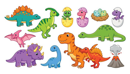 Prehistoric wildlife flat design vector icon collection featuring funny cartoon dinosaurs hatching eggs nest and erupting volcano graphics ©  AR Studio Company