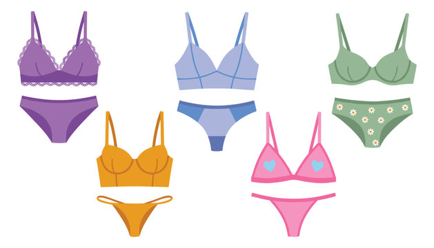 Female lingerie flat design vector icon set featuring colorful matching underwear brassieres thongs briefs panty and bikini sets
