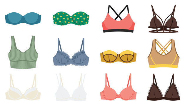 Female underwear flat design vector icon collection featuring various styles of fashionable bras brassieres sports crop tops and lingerie