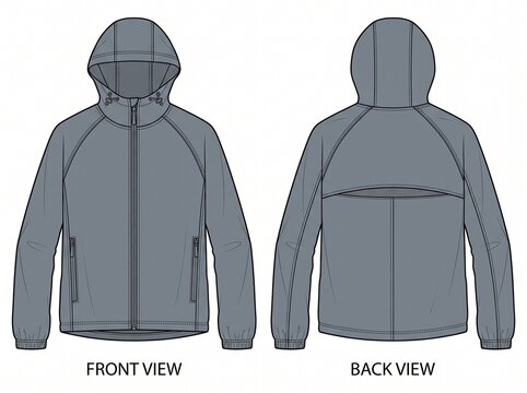 Grey technical windbreaker jacket front and back flat fashion sketch