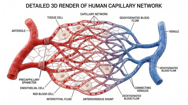Detailed 3D Render of Human Capillary Bed with Arteriole and Venule Connection