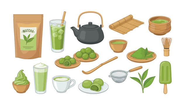 Japanese matcha green tea vector icon set with powder whisk teapot latte dango mochi ice cream and packaging