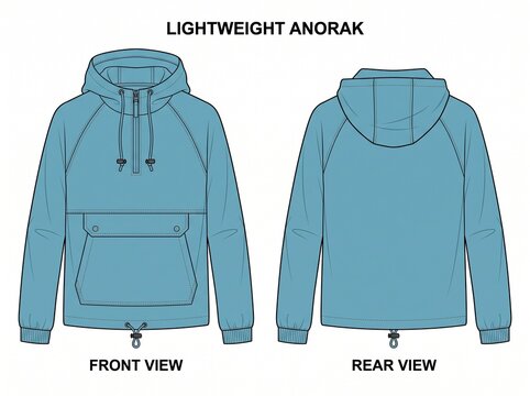Lightweight blue anorak technical fashion sketch with front and rear views