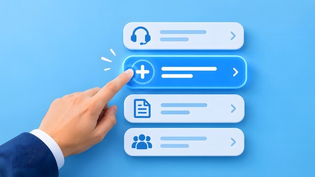 A professional hand pressing a glowing blue button on a digital interface menu to select an option, representing modern business workflow and user experience design.