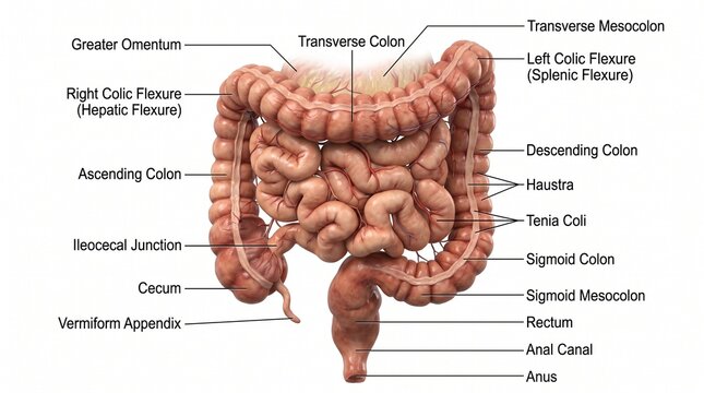 Detailed 3D Anatomy of the Human Colon and Small Intestine including Omentum and Mesocolon with Labels