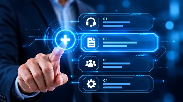 A businessman interacting with a futuristic holographic menu, selecting a digital option to optimize corporate operations and enhance professional productivity today.