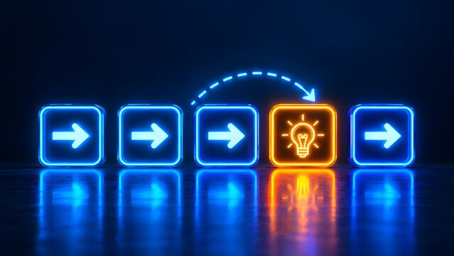 A glowing lightbulb icon standing out among a sequence of blue arrow buttons, representing unique creative thinking, innovation, and standing out from the crowd.