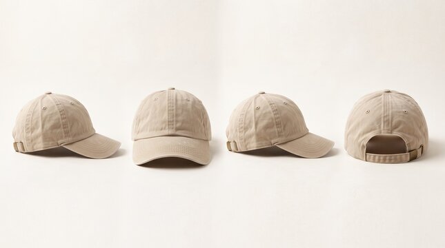 Four-angle presentation of a washed beige cotton dad hat baseball cap with an adjustable strap on a neutral background