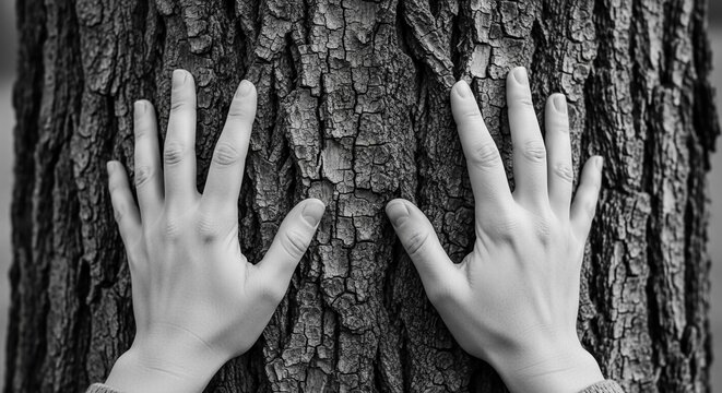 Human Hands Gently Touching Textured Tree Bark in a Black and White Close-Up Photograph