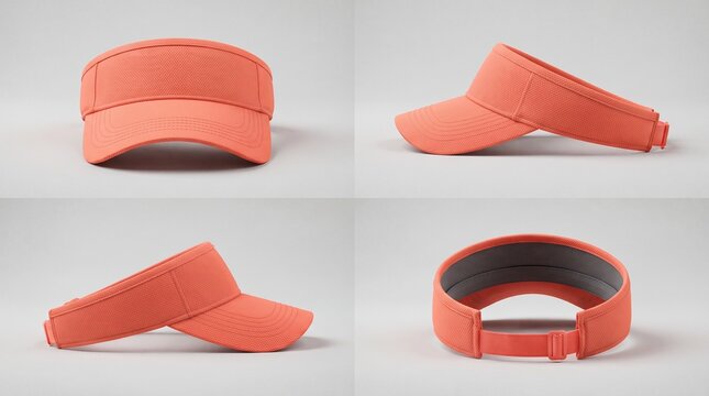 Four-angle studio display of a bright coral pink sports sun visor hat showing front, side, and back open-top design