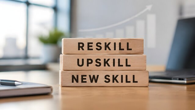 Reskill Upskill And New Skill Wooden Blocks On Office Desk