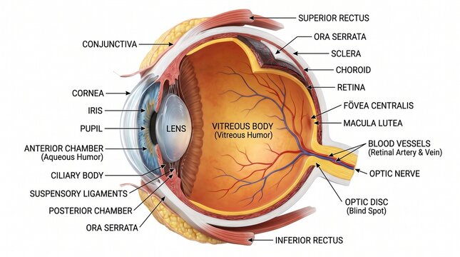 Detailed anatomical cross section of the human eye with labels for the retina lens optic nerve and cornea isolated on a white background