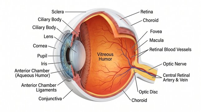 Anatomical 3D illustration of the human eye cross section featuring labeled components such as the iris lens and optic disc on white background