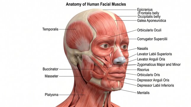 Anatomical 3D render of human facial muscles with labels showing muscle groups for medical education and biology study
