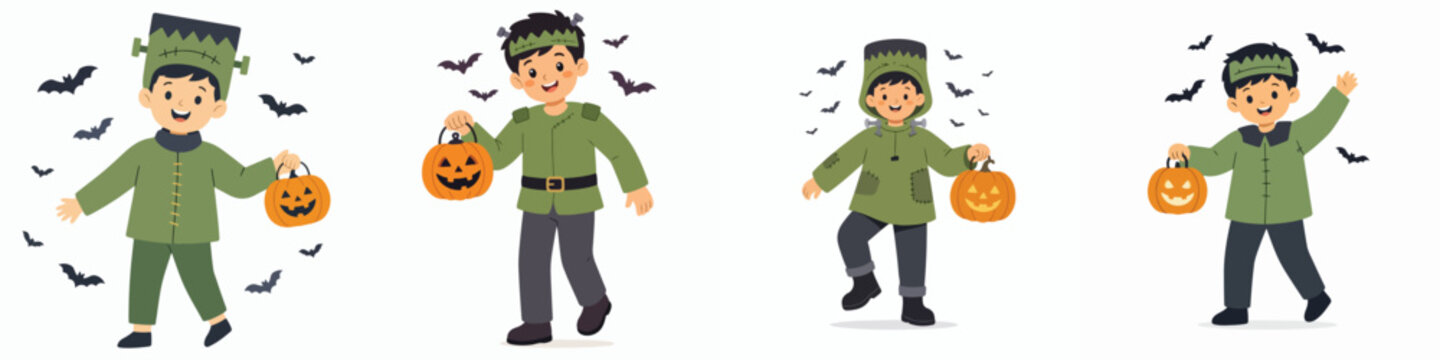 Vector illustration of a little boy dancing happily with a Frankenstein costume for Halloween